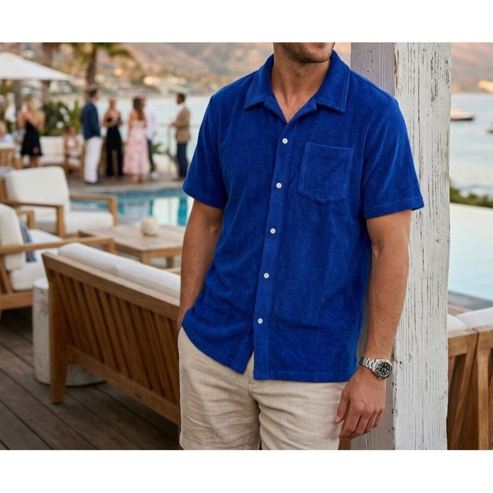 Criquet Terrycloth Buttondown Men's Shirt Collared Short Sleeves Solid XL 291179